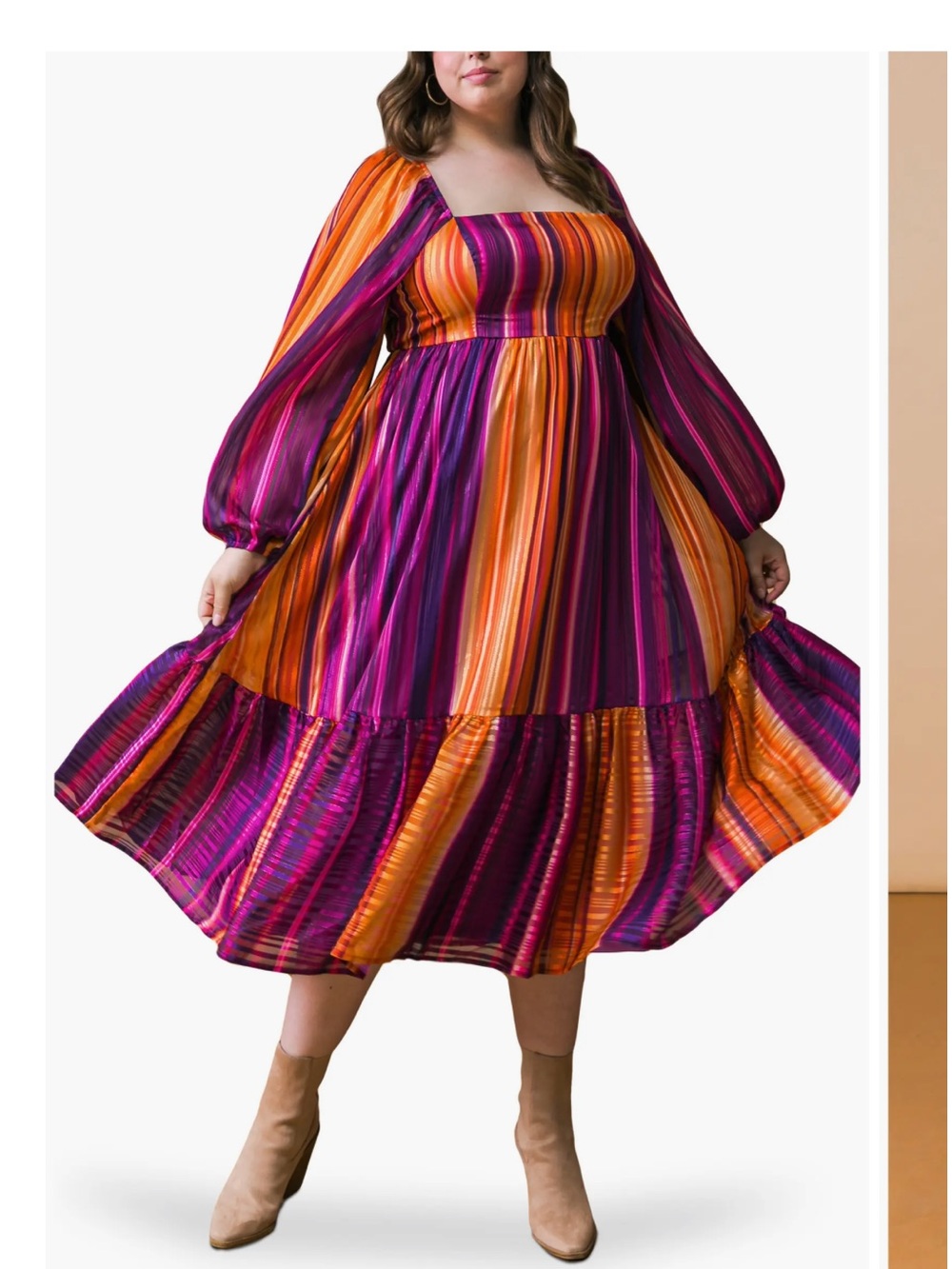 Flying Tomato Metallic Stripe Long Sleeve Chiffon Midi Dress.